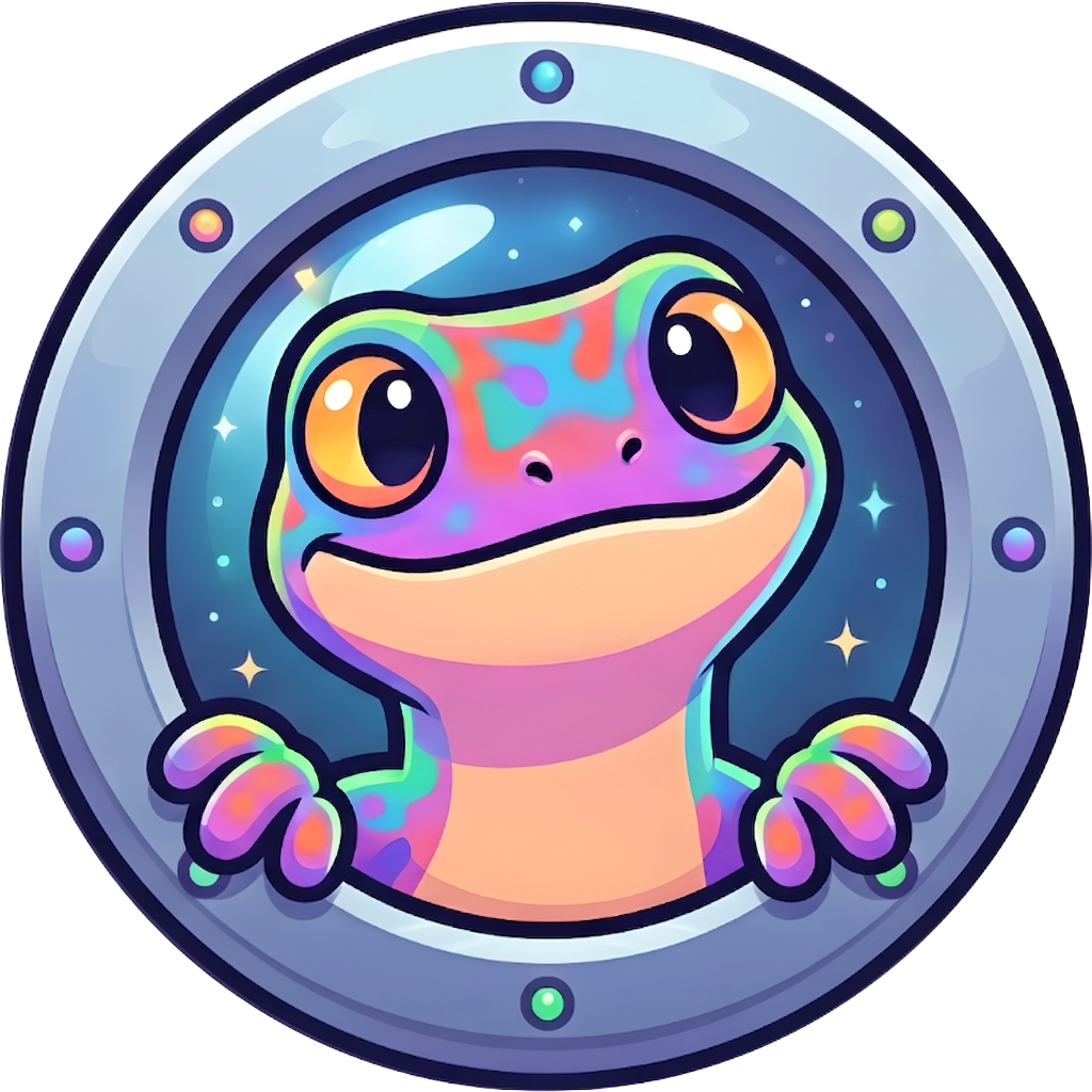 Neon Ink gecko mascot peering through a porthole